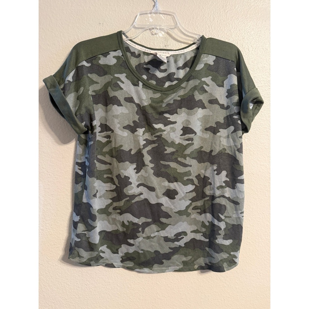 Lucky Brand Womens Camo Print Short Sleeve T-Shirt Green Grey Large Roll Cuff